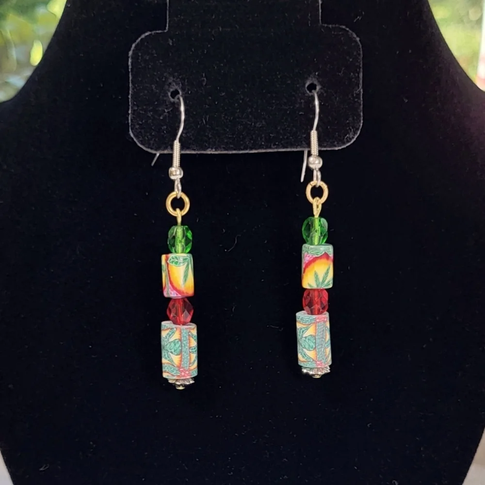 ARTISAN Herb Beaded Statement Dangle Earrings / Pierced
